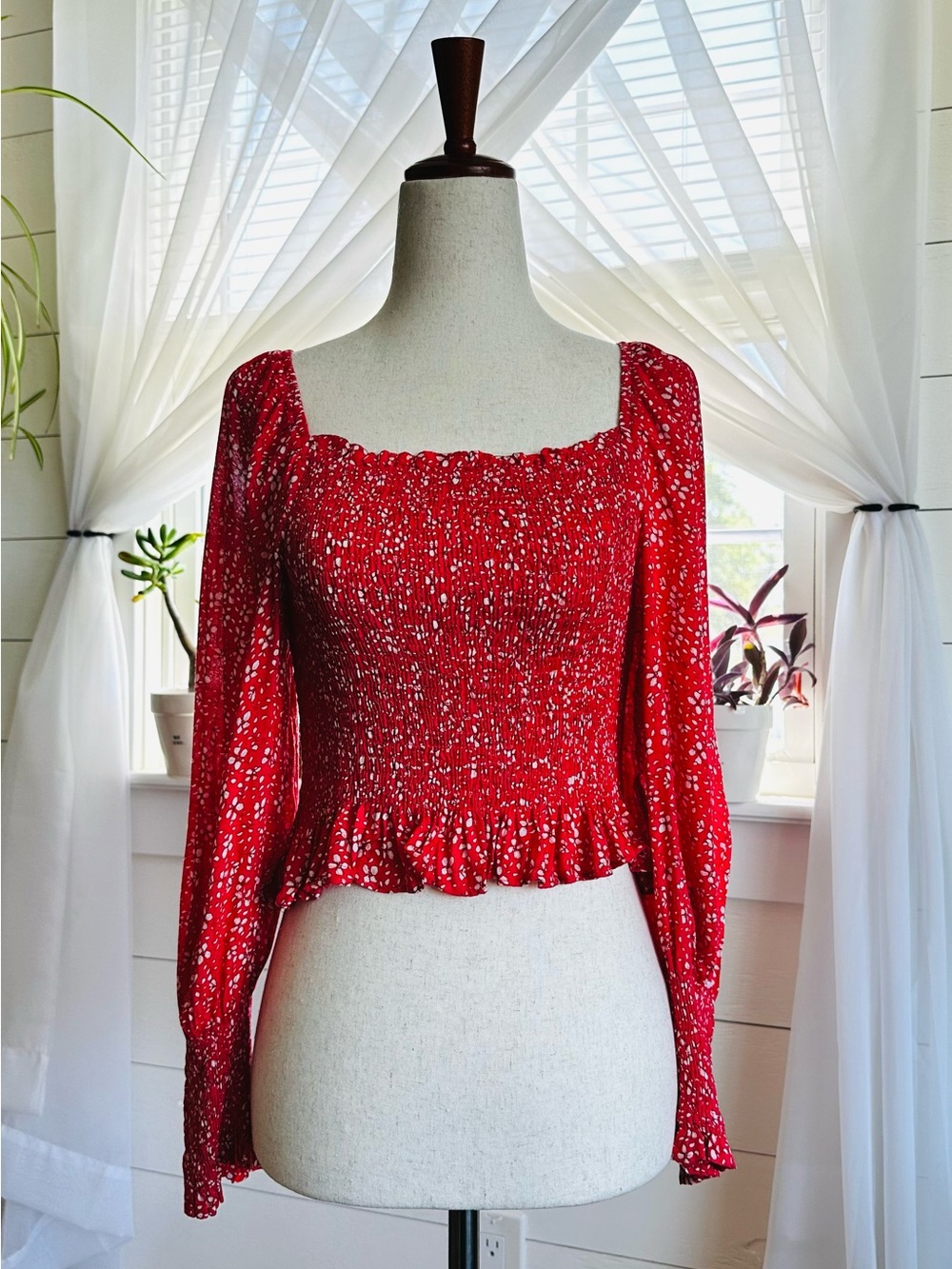 Red Smocked Square Neck Long Sleeve Crop Top | Cottagecore Boho Size Small